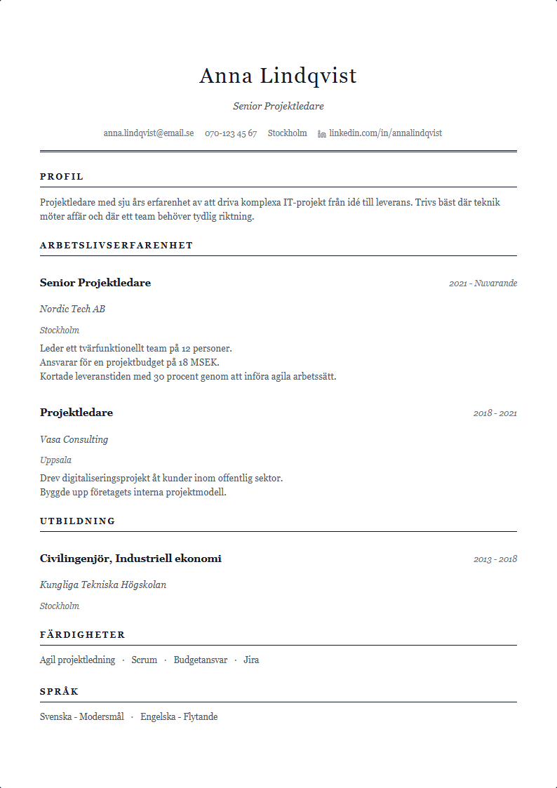 Akademisk CV Mall — ATS-anpassad CV-mall förhandsvisning