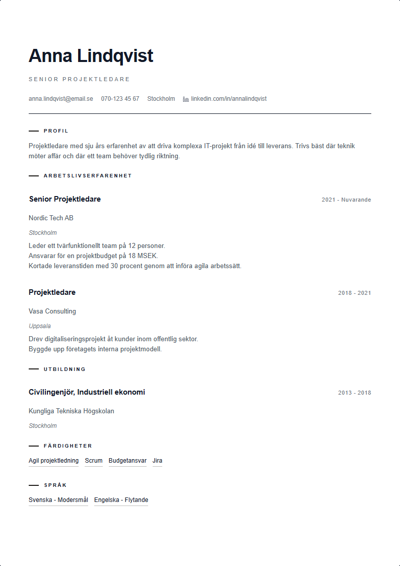 Kontrast CV Mall — ATS-anpassad CV-mall förhandsvisning