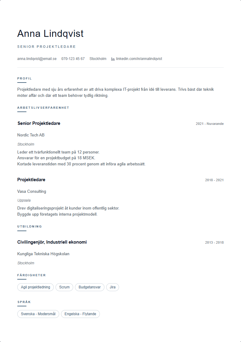 Nordisk CV Mall — ATS-anpassad CV-mall förhandsvisning
