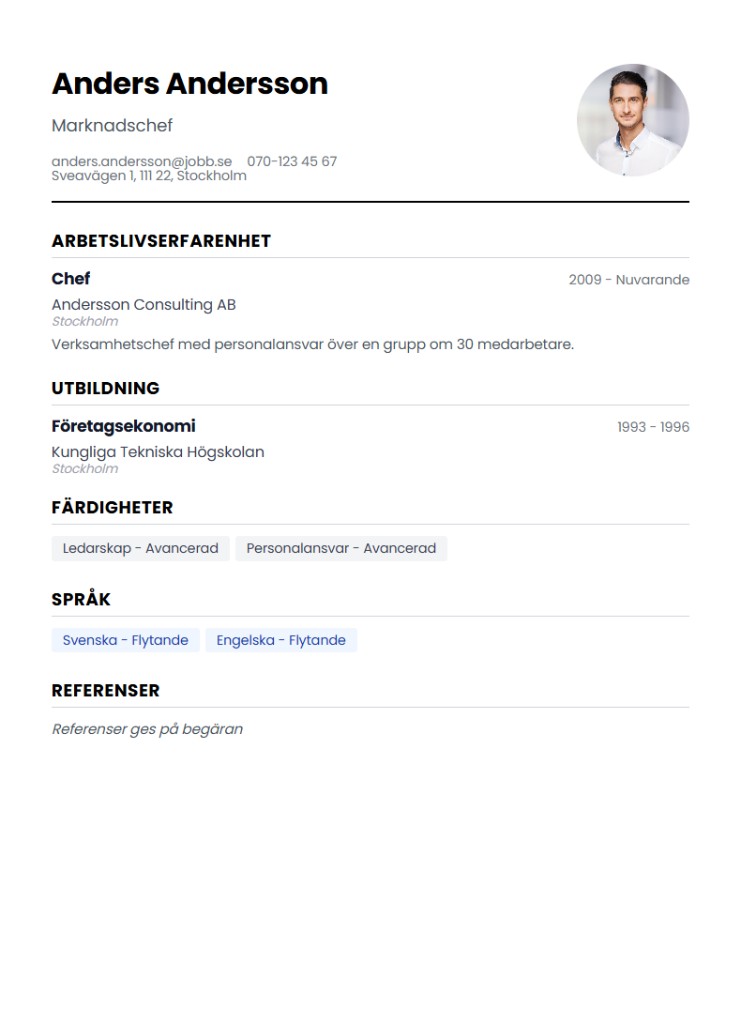 CV-mall Standard med klassisk och tydlig layout