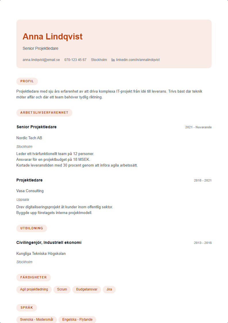 Varm CV Mall — ATS-anpassad CV-mall förhandsvisning